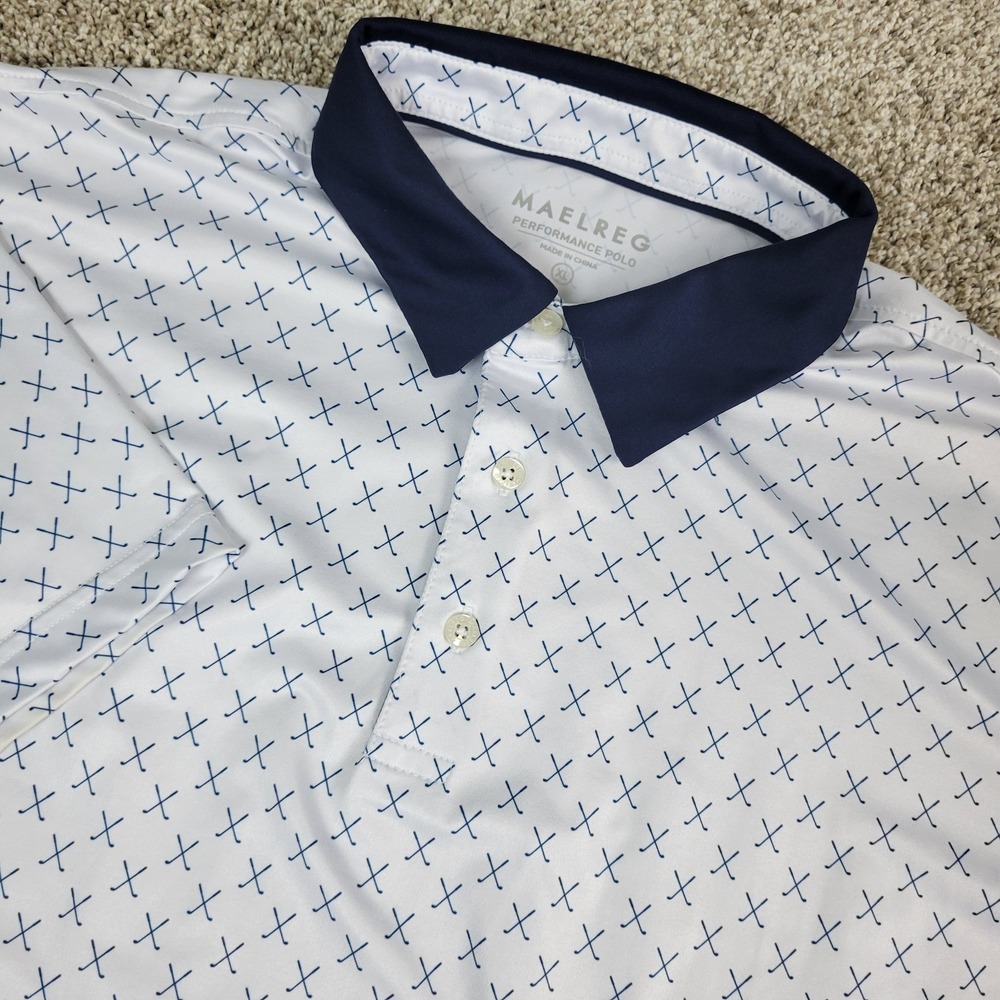 Maelreg Mens XL White AOP Golf Clubs Performance Stretch Polo Short Sleeve